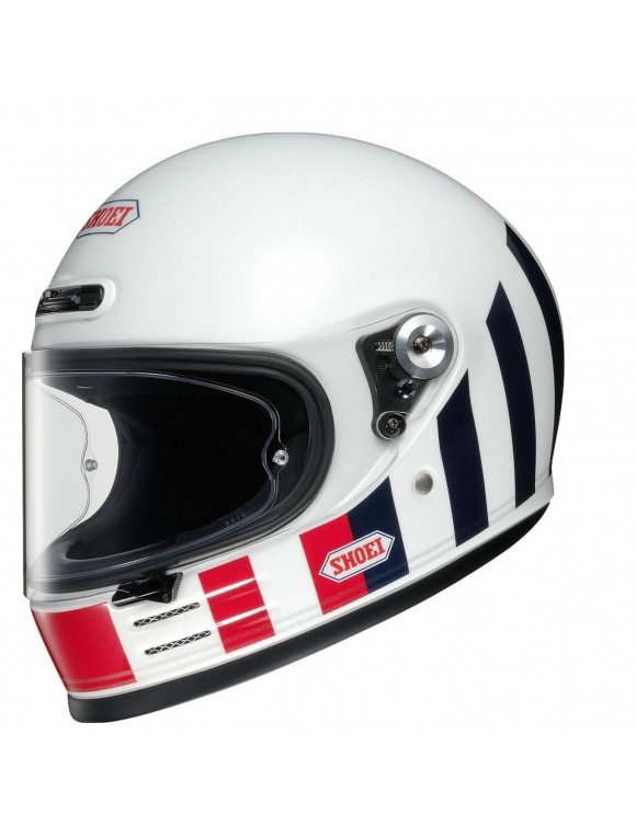Full length motorcycle helmet in AIM Shoei Glamster Resurrection white/red/ blue