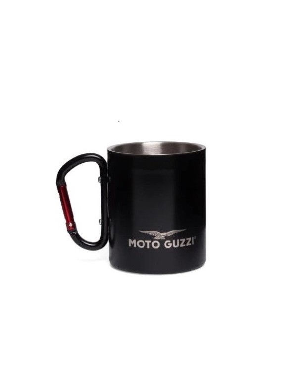 Moto Guzzi black travel cup in stainless steel carabiner