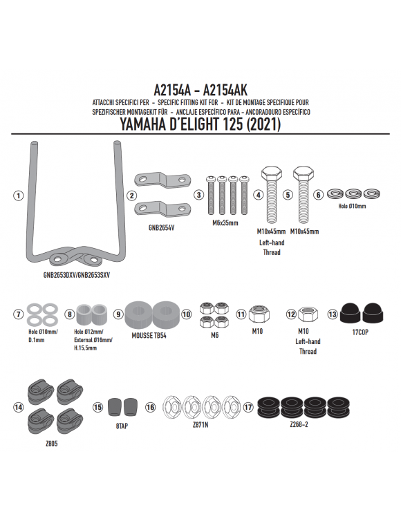 Givi ata2154a mounting kit windSHouse 2154a,Yamaha d'elight 125(from 2021)