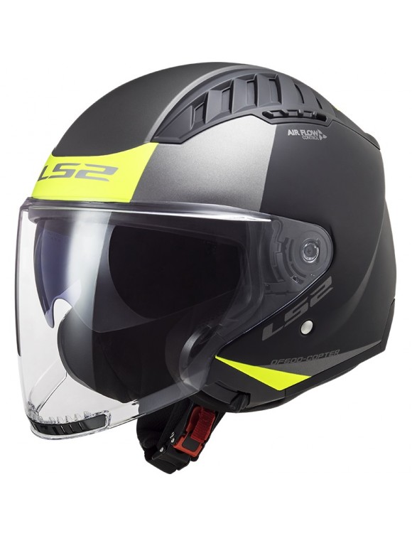 LS2 OF600 Jet Motorcycle Helmet Copter Urbane Matt Black H-V Yellow Opaque
