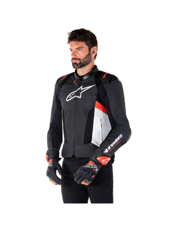 Giacca Moto Alpinestars In Pelle Missile V3 Airflow - Nero/Bianco/Rosso fluo 31002251231 - 4